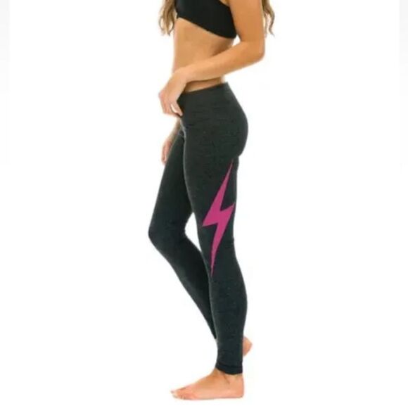 Aviator Nation BOLT FULL LENGTH LEGGINGS - CHARCOAL   MAGENTA BOLT - Picture 1 of 7